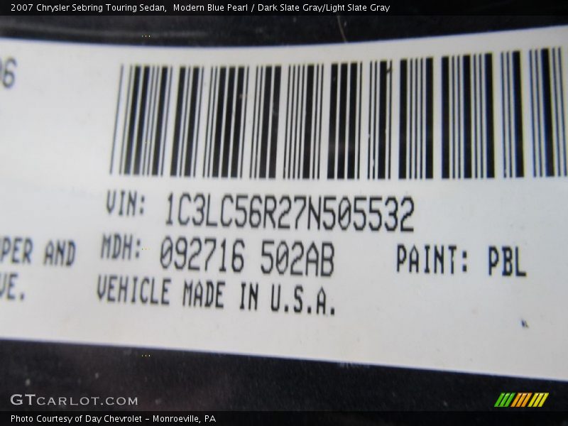 Modern Blue Pearl / Dark Slate Gray/Light Slate Gray 2007 Chrysler Sebring Touring Sedan