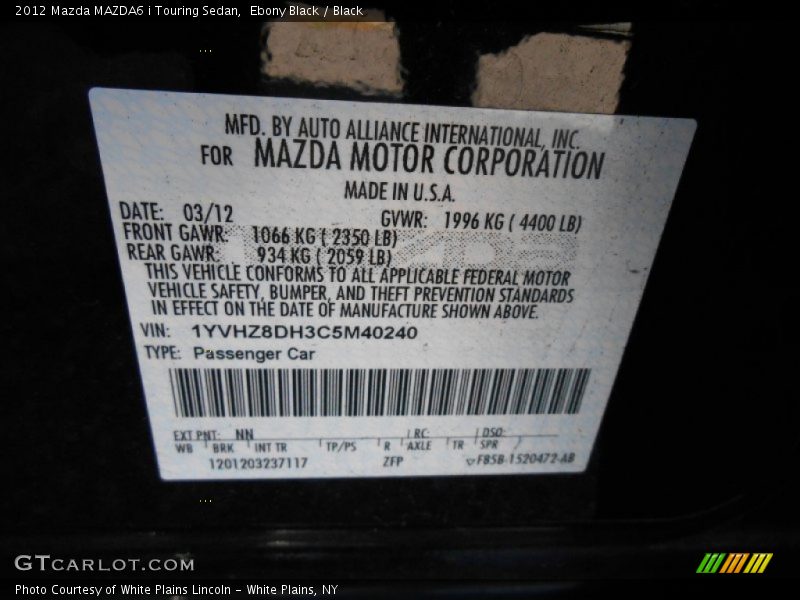 Ebony Black / Black 2012 Mazda MAZDA6 i Touring Sedan