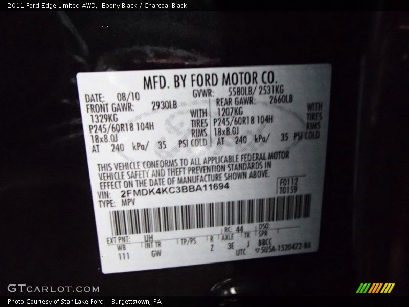 Ebony Black / Charcoal Black 2011 Ford Edge Limited AWD
