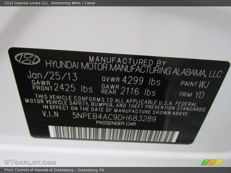 Shimmering White / Camel 2013 Hyundai Sonata GLS