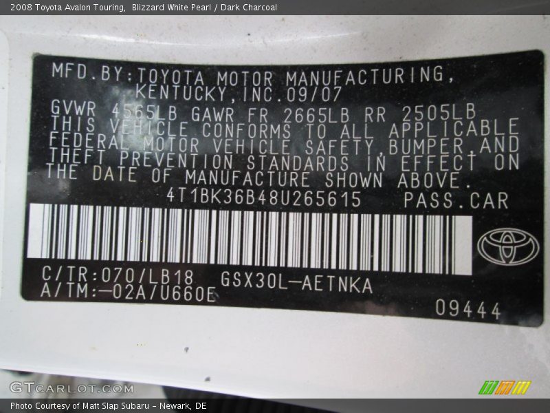Blizzard White Pearl / Dark Charcoal 2008 Toyota Avalon Touring