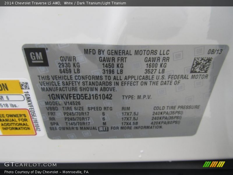 White / Dark Titanium/Light Titanium 2014 Chevrolet Traverse LS AWD