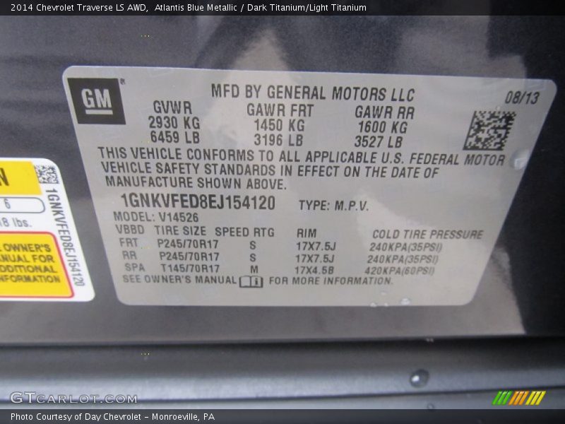 Atlantis Blue Metallic / Dark Titanium/Light Titanium 2014 Chevrolet Traverse LS AWD
