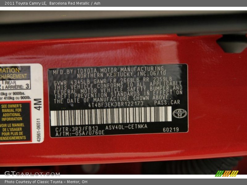 Barcelona Red Metallic / Ash 2011 Toyota Camry LE