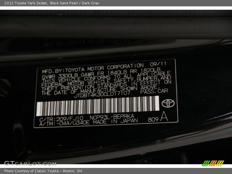 Black Sand Pearl / Dark Gray 2012 Toyota Yaris Sedan