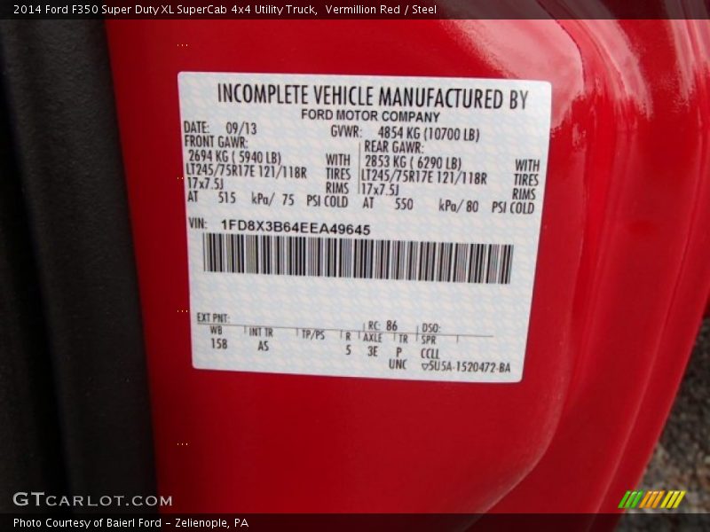 Vermillion Red / Steel 2014 Ford F350 Super Duty XL SuperCab 4x4 Utility Truck