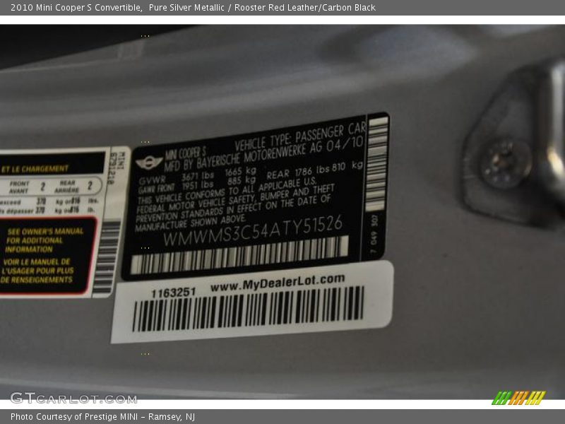 Pure Silver Metallic / Rooster Red Leather/Carbon Black 2010 Mini Cooper S Convertible