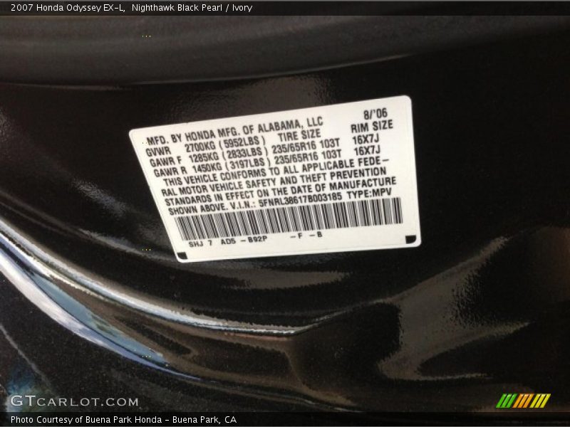 Nighthawk Black Pearl / Ivory 2007 Honda Odyssey EX-L