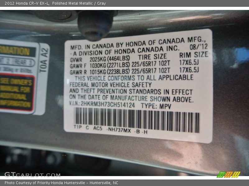 Polished Metal Metallic / Gray 2012 Honda CR-V EX-L