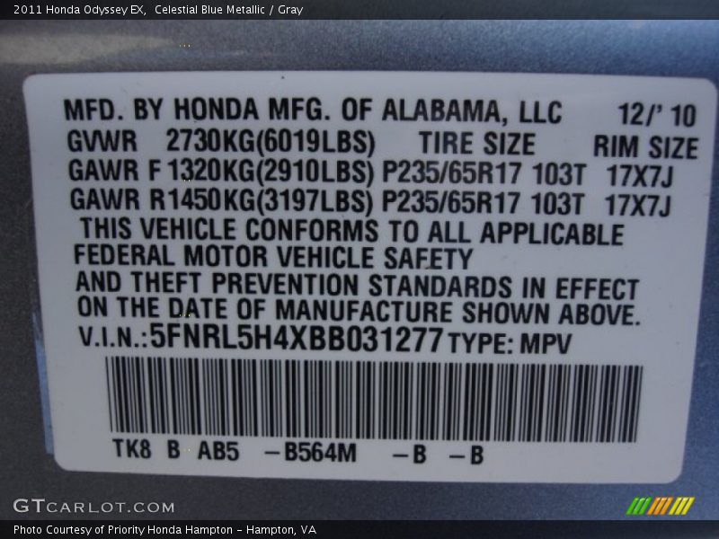 Celestial Blue Metallic / Gray 2011 Honda Odyssey EX