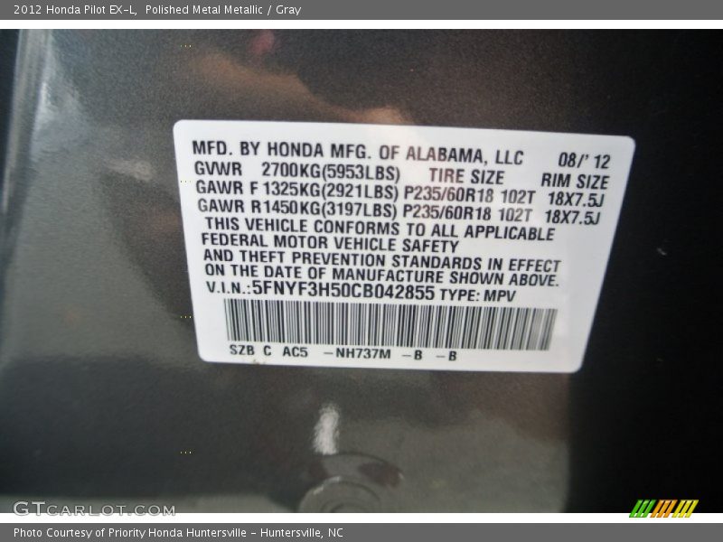 Polished Metal Metallic / Gray 2012 Honda Pilot EX-L