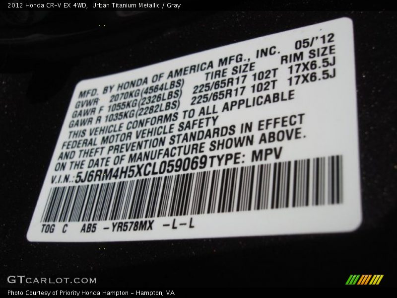 Urban Titanium Metallic / Gray 2012 Honda CR-V EX 4WD