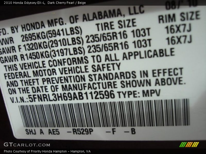 Dark Cherry Pearl / Beige 2010 Honda Odyssey EX-L