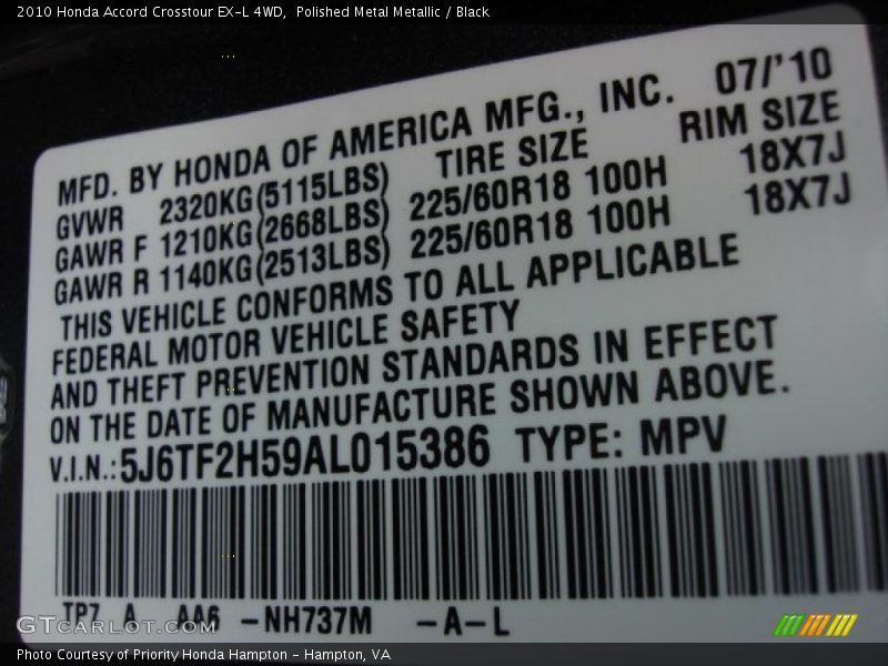 Polished Metal Metallic / Black 2010 Honda Accord Crosstour EX-L 4WD