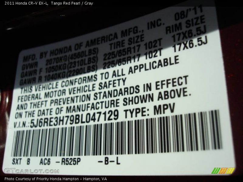 Tango Red Pearl / Gray 2011 Honda CR-V EX-L