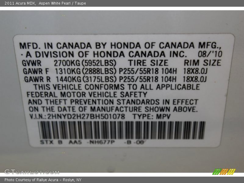 Aspen White Pearl / Taupe 2011 Acura MDX