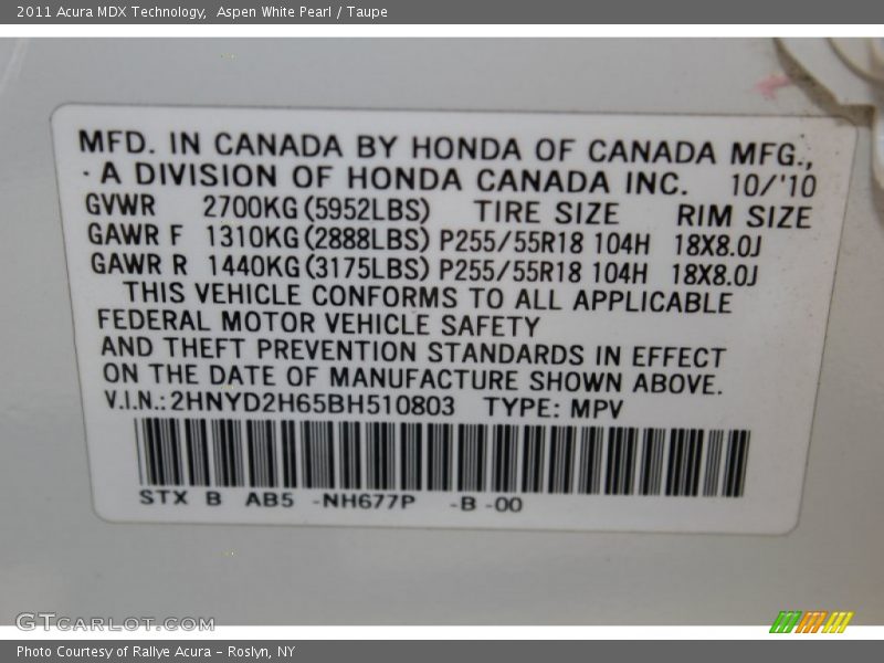 Aspen White Pearl / Taupe 2011 Acura MDX Technology