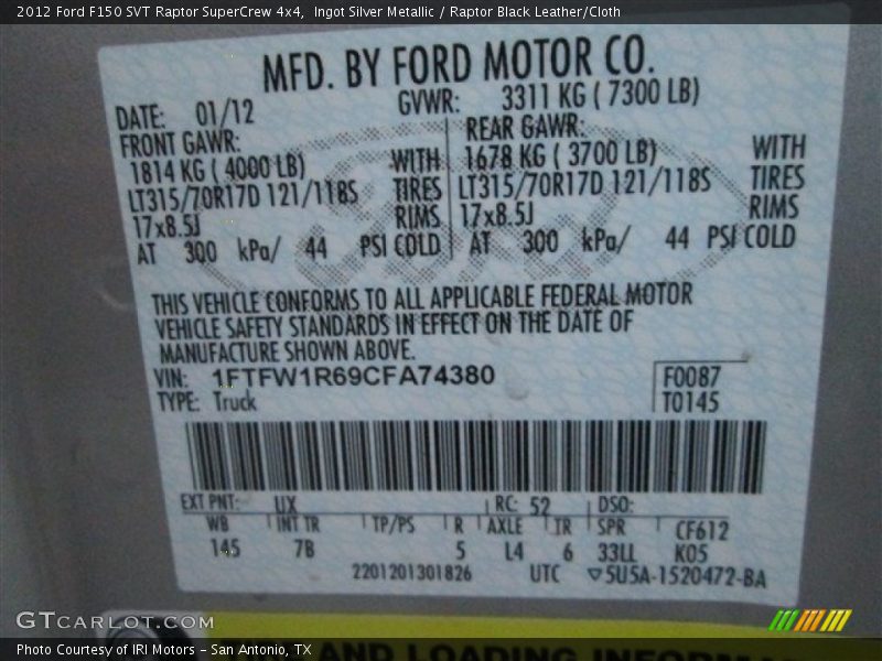 Ingot Silver Metallic / Raptor Black Leather/Cloth 2012 Ford F150 SVT Raptor SuperCrew 4x4