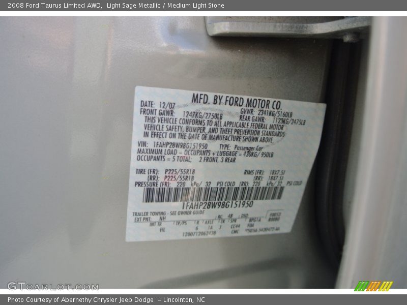 Light Sage Metallic / Medium Light Stone 2008 Ford Taurus Limited AWD