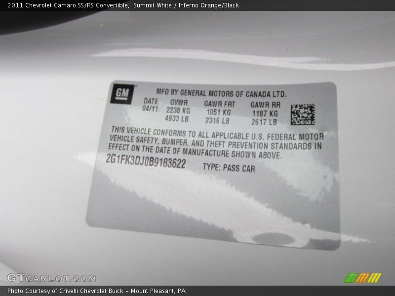 Summit White / Inferno Orange/Black 2011 Chevrolet Camaro SS/RS Convertible