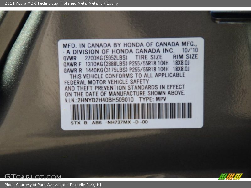 Polished Metal Metallic / Ebony 2011 Acura MDX Technology