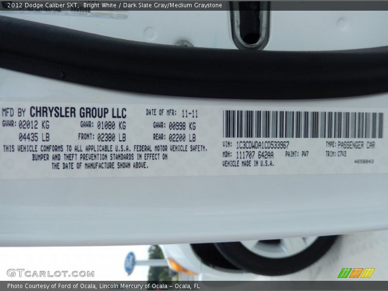 Bright White / Dark Slate Gray/Medium Graystone 2012 Dodge Caliber SXT