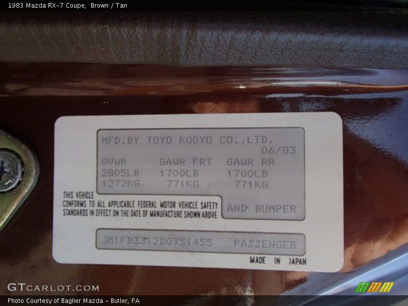 Info Tag of 1983 RX-7 Coupe