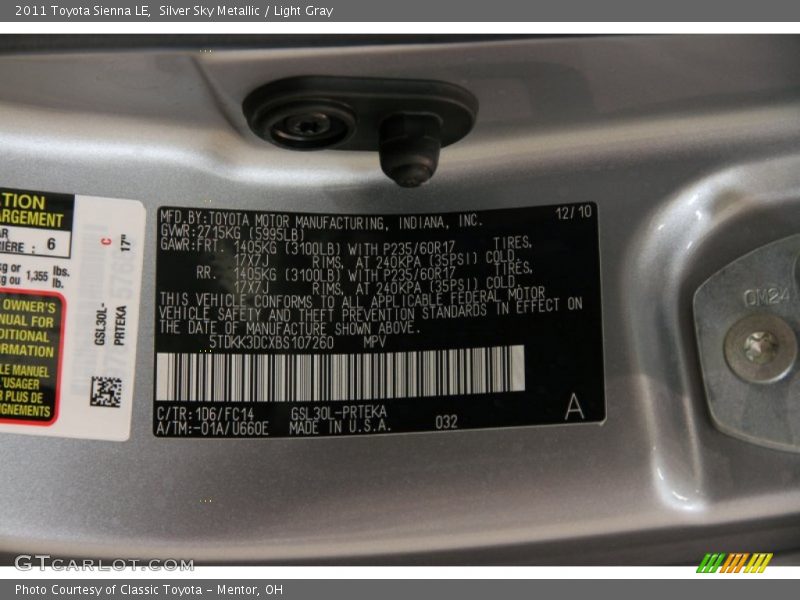 Silver Sky Metallic / Light Gray 2011 Toyota Sienna LE
