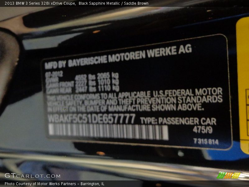 2013 3 Series 328i xDrive Coupe Black Sapphire Metallic Color Code 475