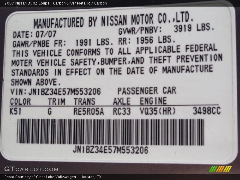 2007 350Z Coupe Carbon Silver Metallic Color Code K51