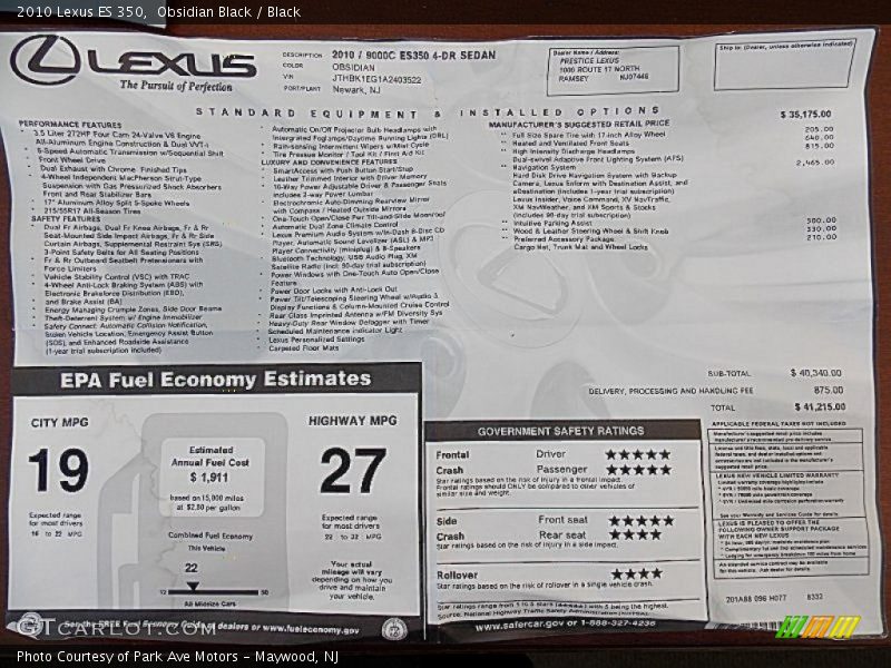 Obsidian Black / Black 2010 Lexus ES 350