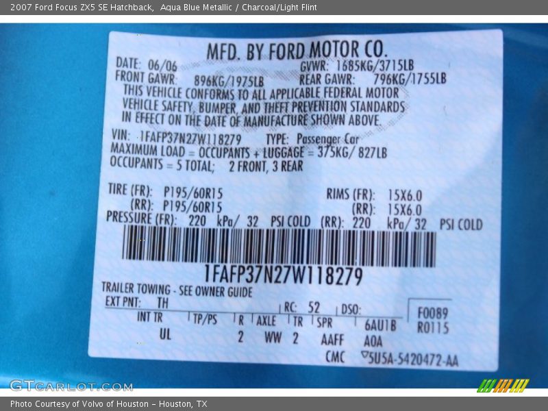 2007 Focus ZX5 SE Hatchback Aqua Blue Metallic Color Code TH