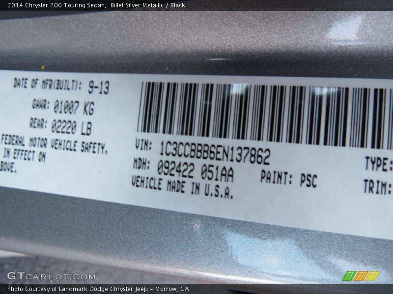 Billet Silver Metallic / Black 2014 Chrysler 200 Touring Sedan