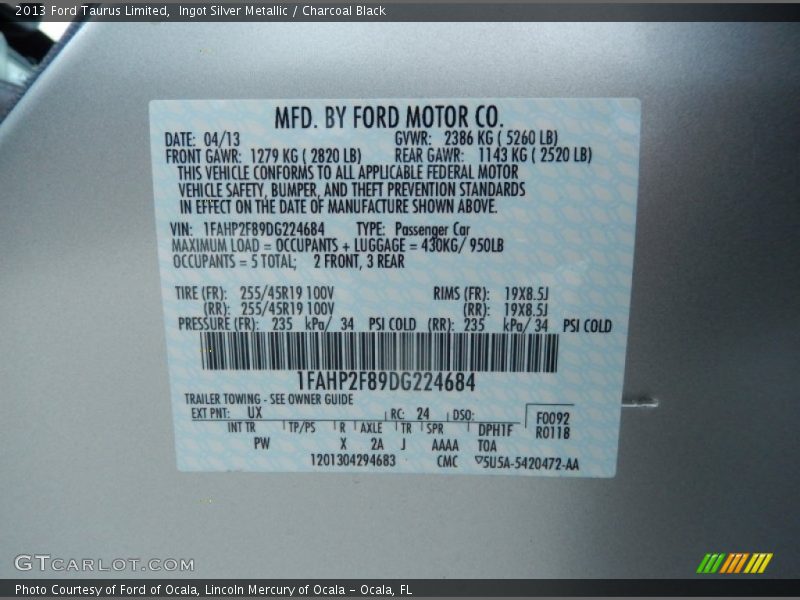 Ingot Silver Metallic / Charcoal Black 2013 Ford Taurus Limited