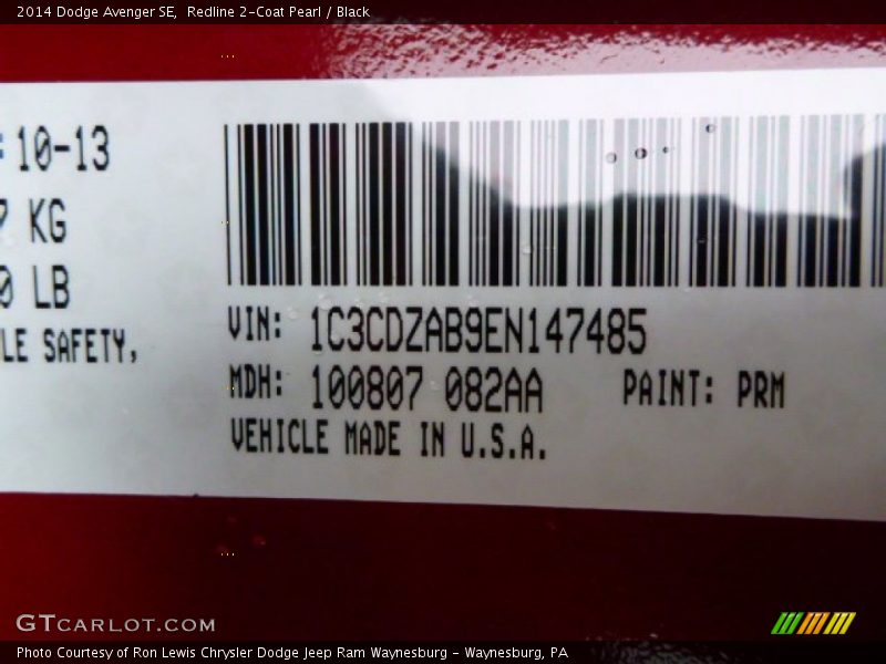 Redline 2-Coat Pearl / Black 2014 Dodge Avenger SE