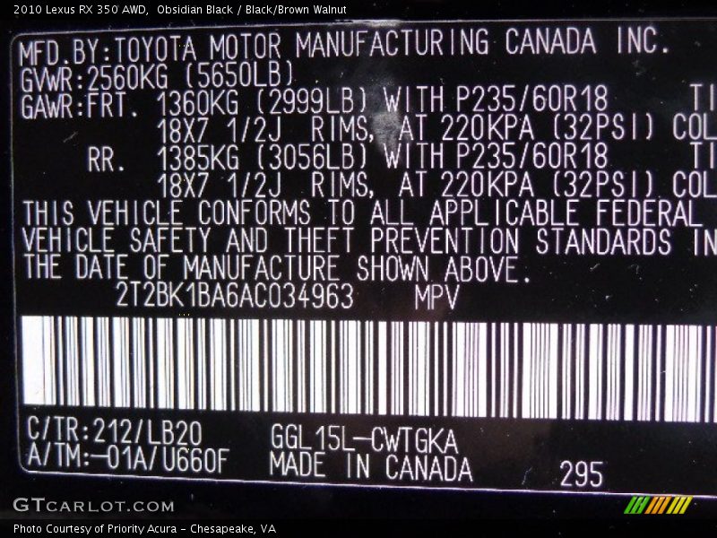 Obsidian Black / Black/Brown Walnut 2010 Lexus RX 350 AWD