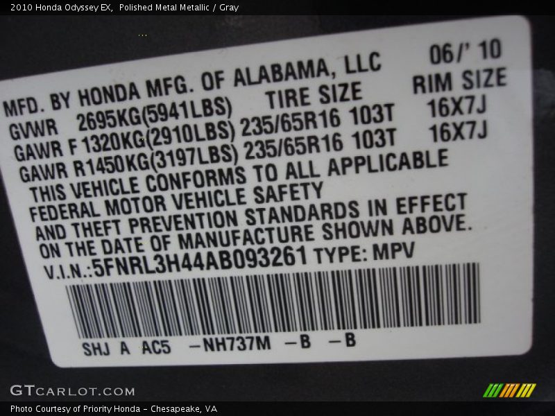 Polished Metal Metallic / Gray 2010 Honda Odyssey EX