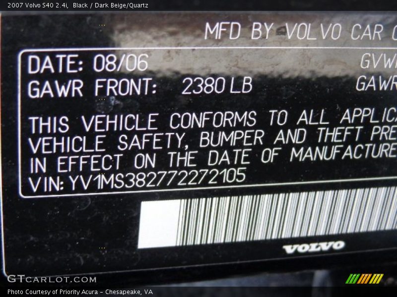 Black / Dark Beige/Quartz 2007 Volvo S40 2.4i