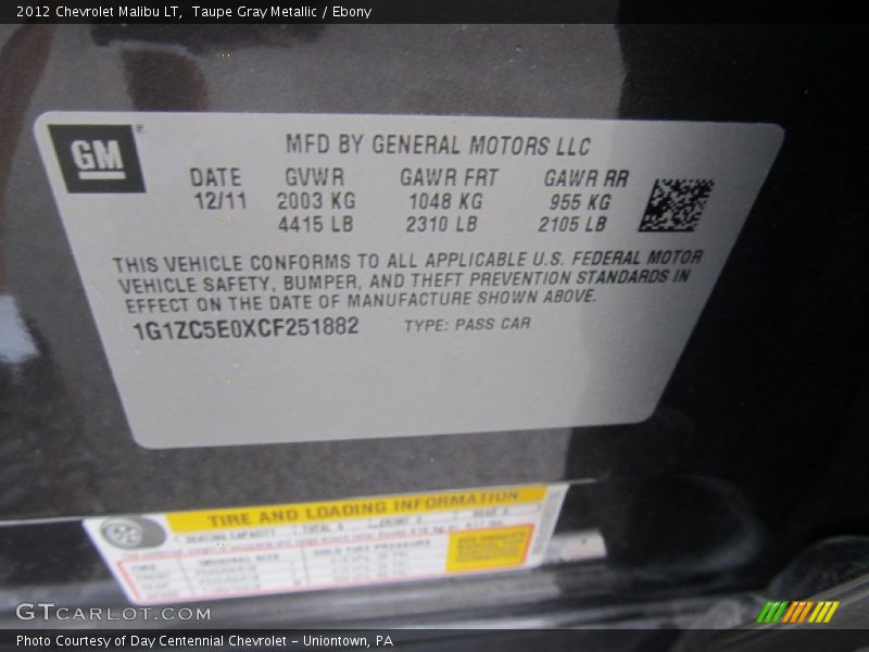 Taupe Gray Metallic / Ebony 2012 Chevrolet Malibu LT