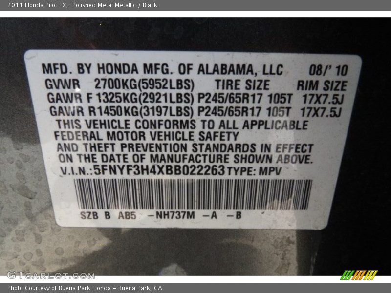 Polished Metal Metallic / Black 2011 Honda Pilot EX