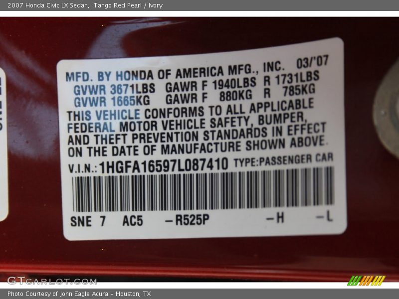 Tango Red Pearl / Ivory 2007 Honda Civic LX Sedan