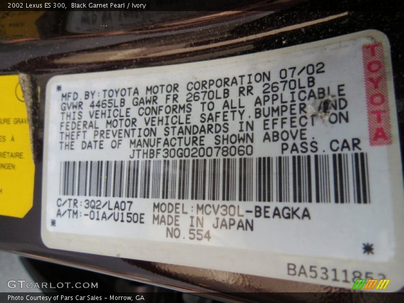 Black Garnet Pearl / Ivory 2002 Lexus ES 300