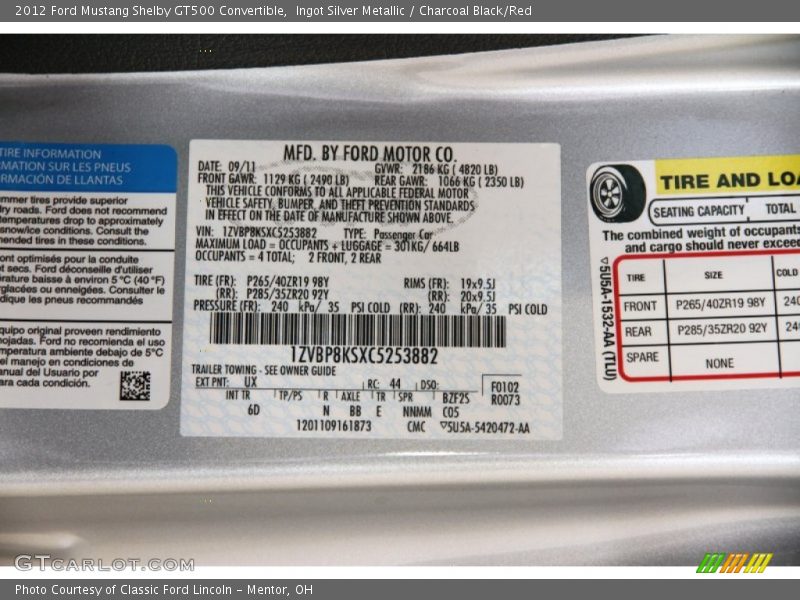 2012 Mustang Shelby GT500 Convertible Ingot Silver Metallic Color Code UX