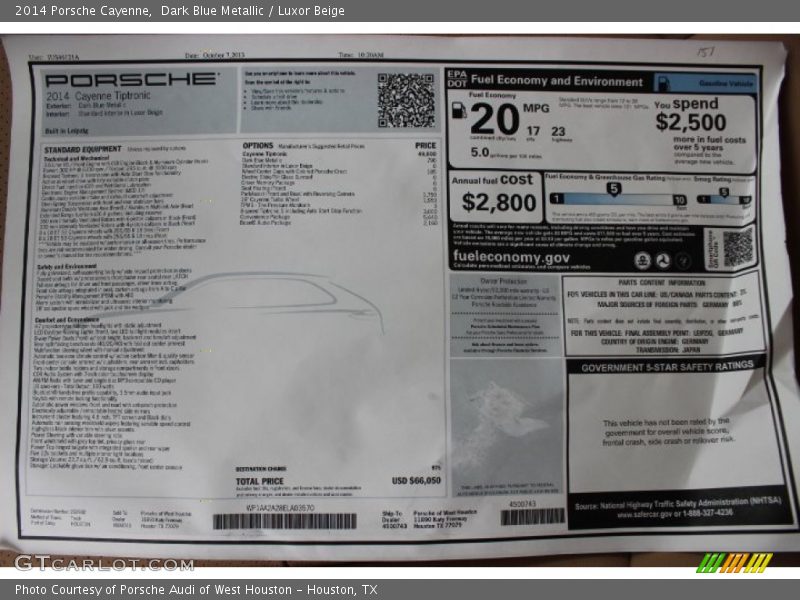  2014 Cayenne  Window Sticker