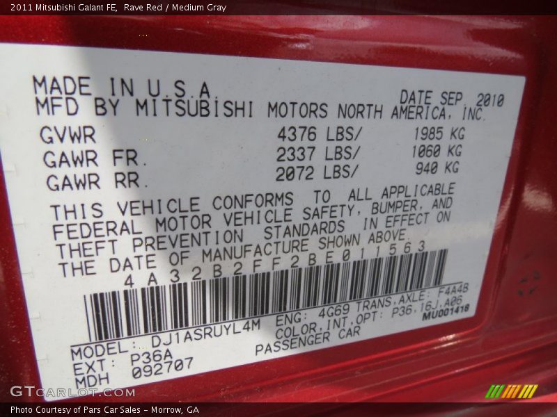 Rave Red / Medium Gray 2011 Mitsubishi Galant FE