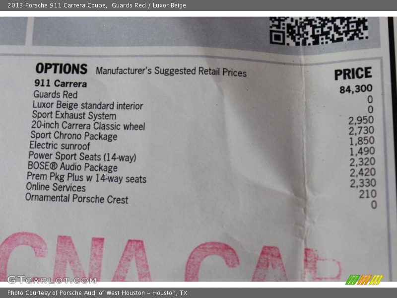  2013 911 Carrera Coupe Window Sticker