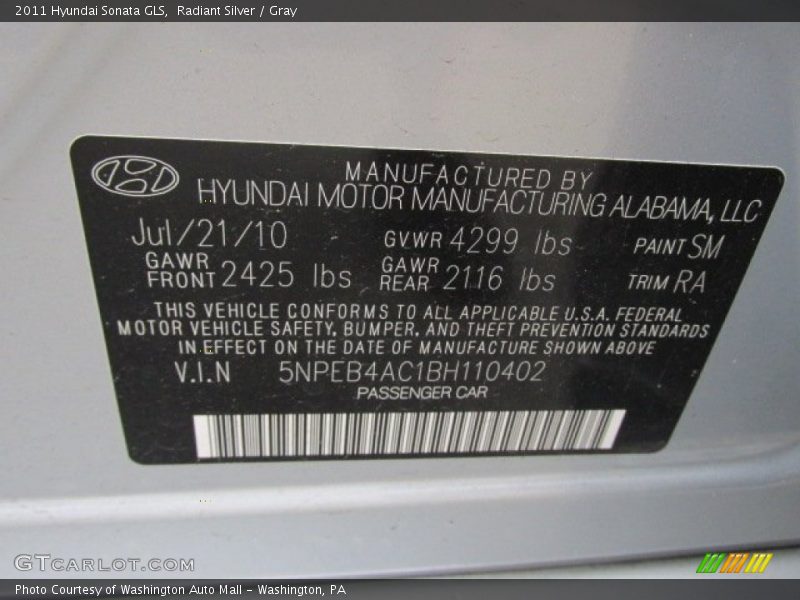 Radiant Silver / Gray 2011 Hyundai Sonata GLS
