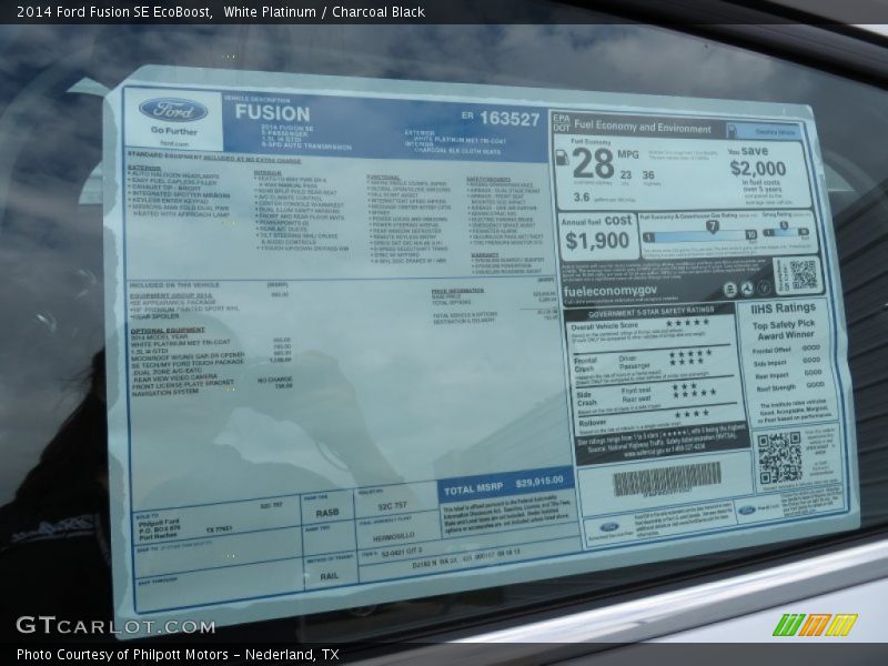 White Platinum / Charcoal Black 2014 Ford Fusion SE EcoBoost