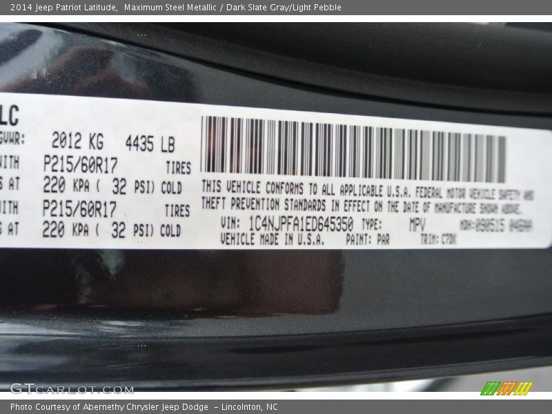 Maximum Steel Metallic / Dark Slate Gray/Light Pebble 2014 Jeep Patriot Latitude