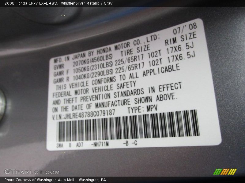 Whistler Silver Metallic / Gray 2008 Honda CR-V EX-L 4WD